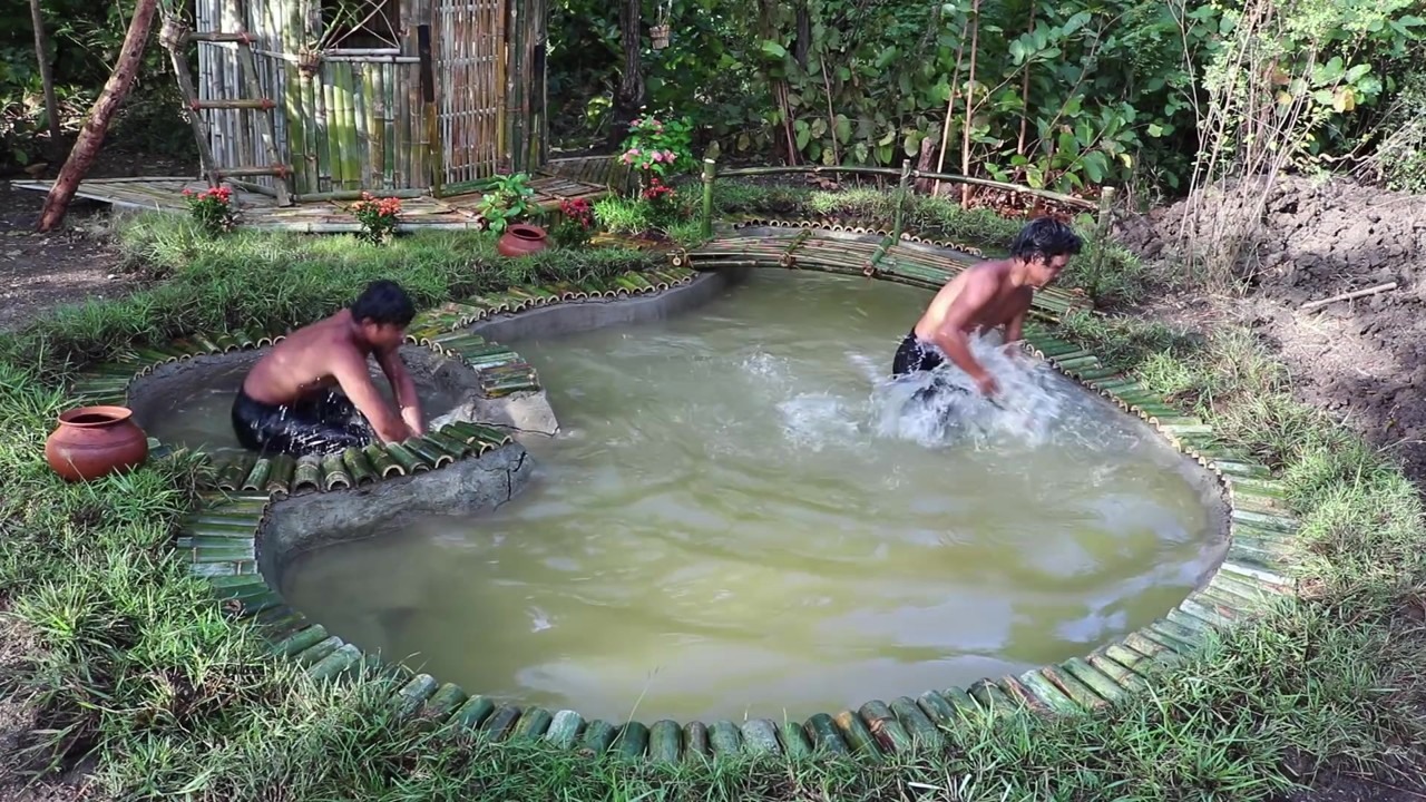 Curved forest pool and circular basin from above