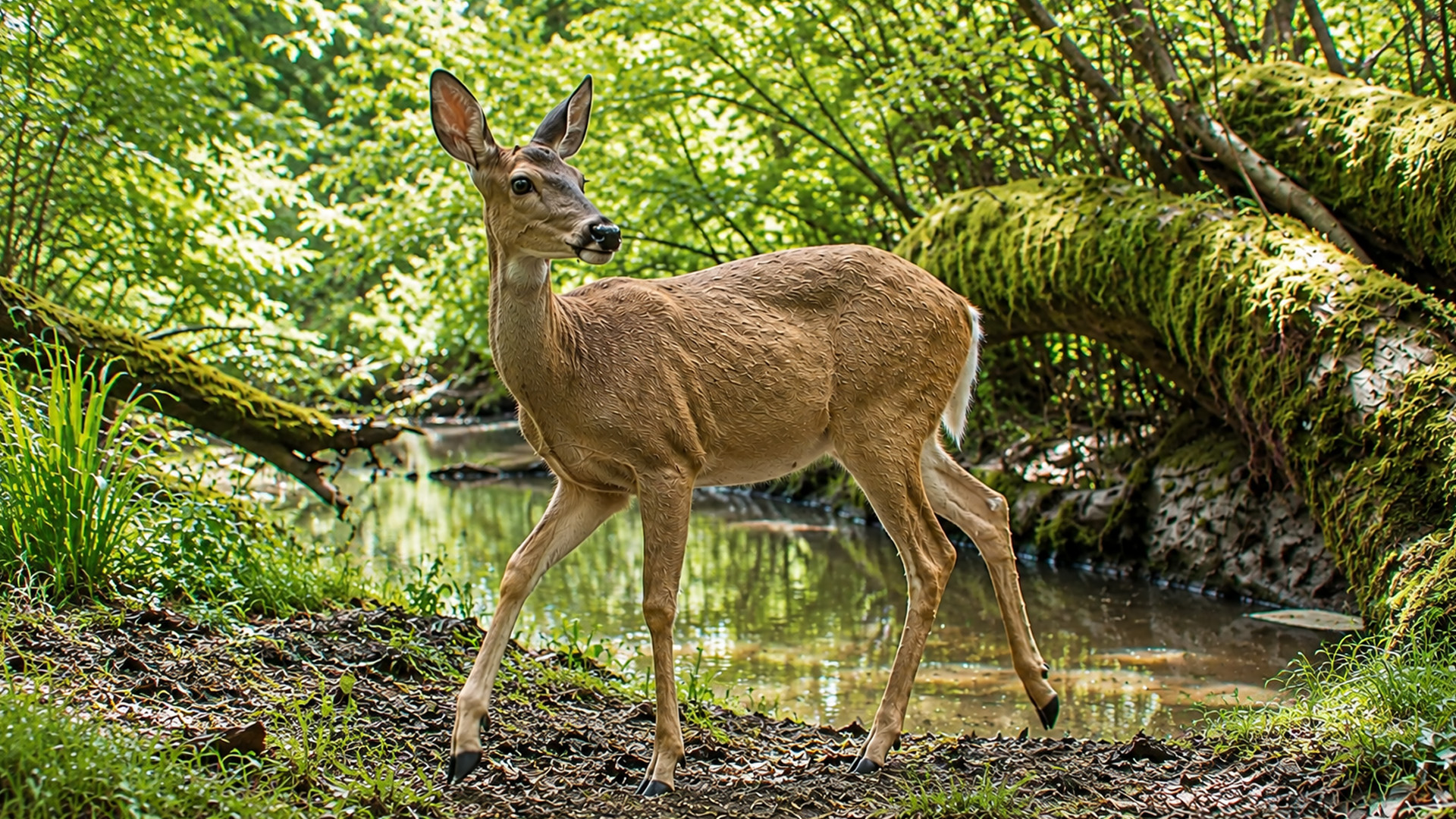 Between fallen trees and water a deer revealed a hidden forest crossing