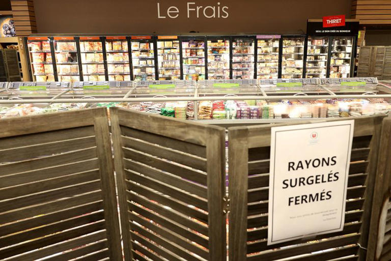 View of the closed frozen food aisle at a supermarket near Nantes after a cyberattack targeted refrigeration systems at French supermarket chains, causing food losses and fires at several stores, France, October 12, 2026. REUTERS/Stephane Mahe/File Photo