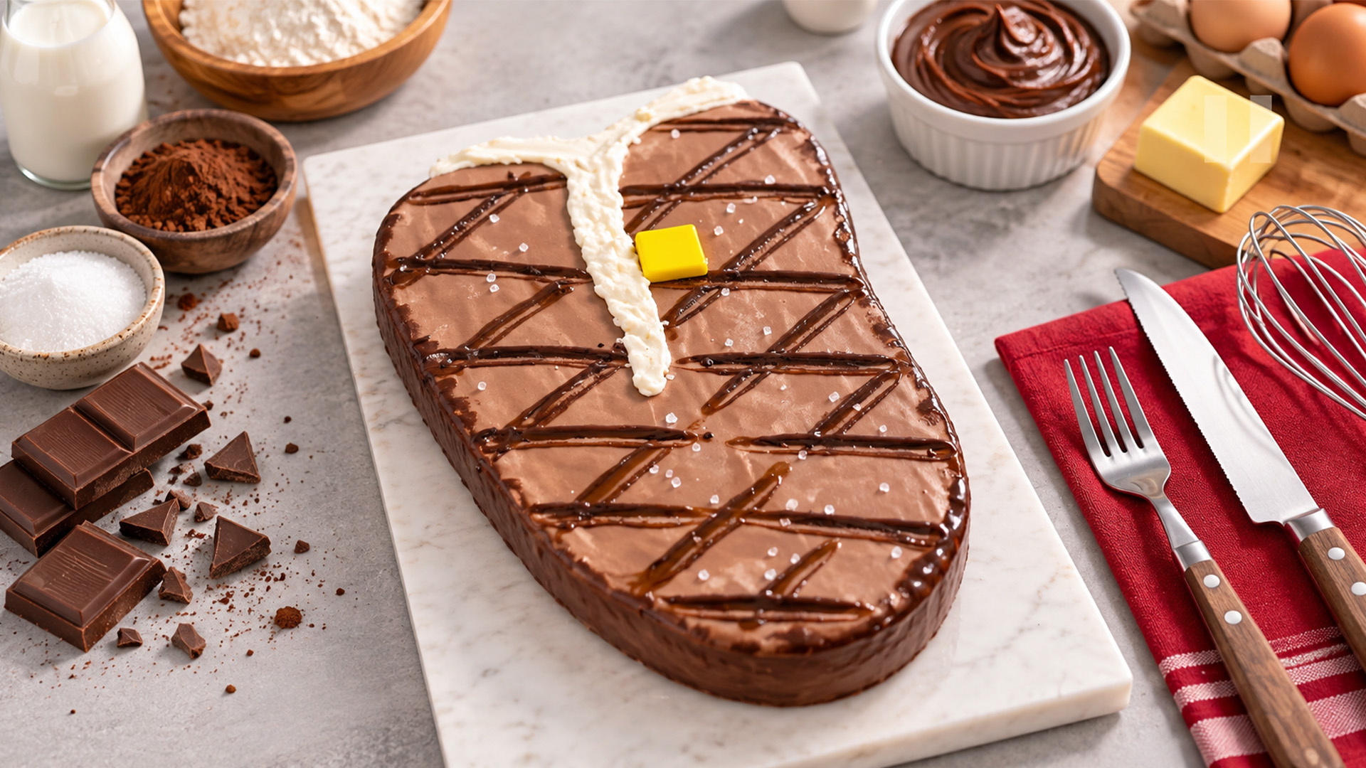 A chocolate steak cake that looks like grilled meat