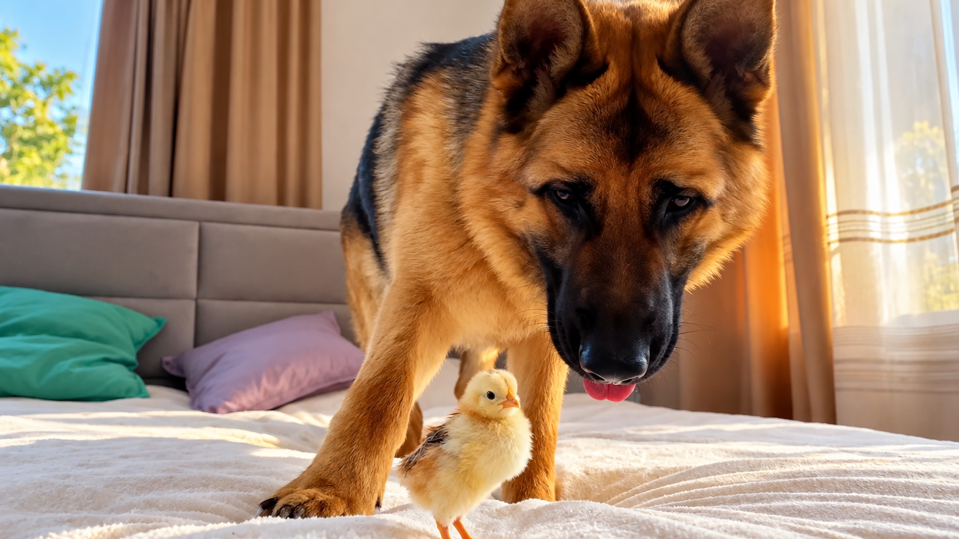 German shepherd learns to stay calm around a tiny baby chick