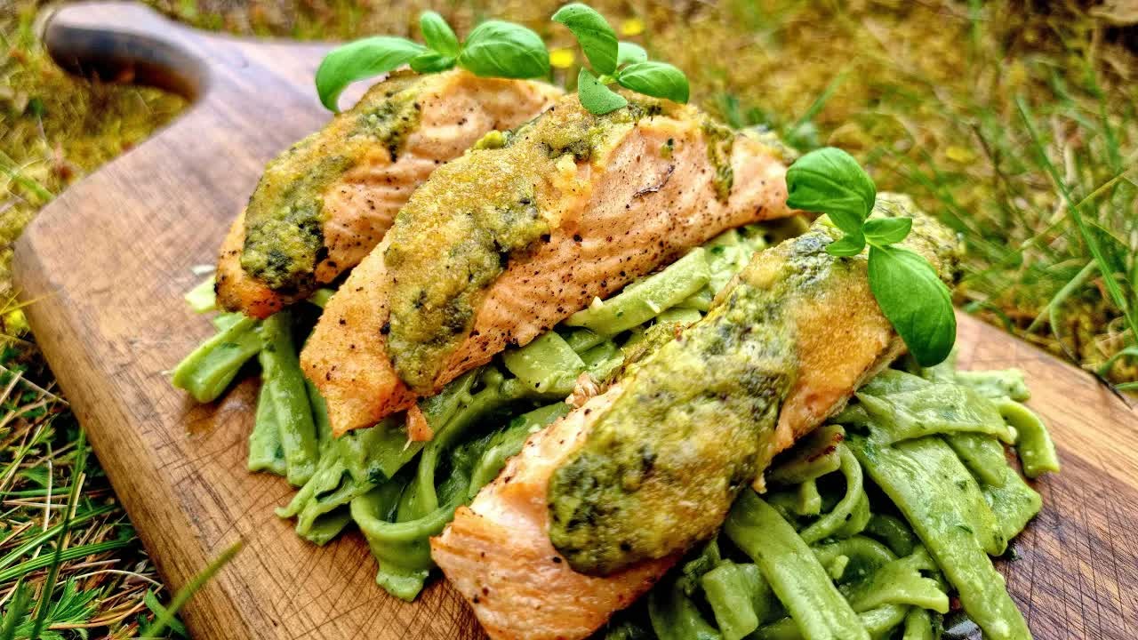 Green pesto pasta meets salmon in an outdoor ASMR cooking session