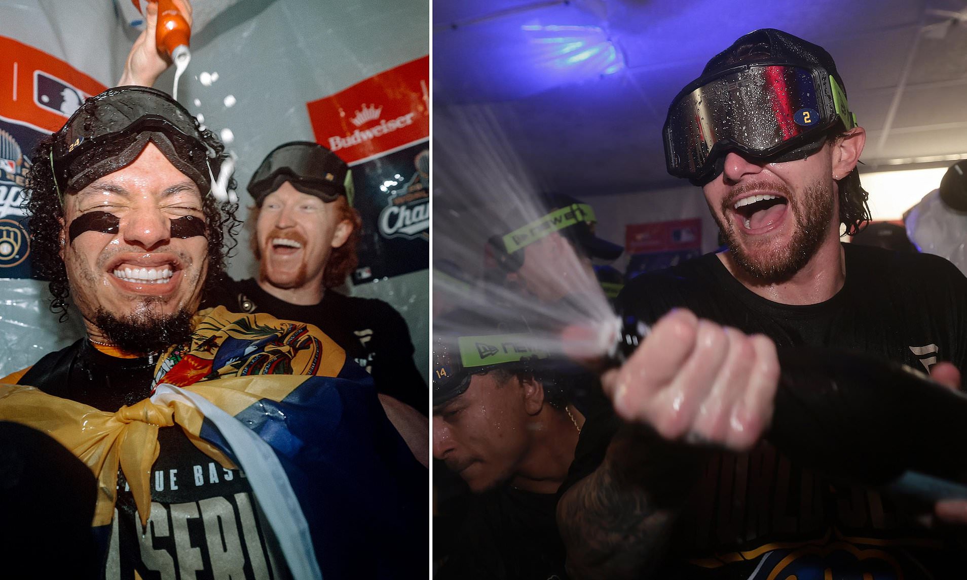 Champagne-soaked brewers go wild in the clubhouse after World Series glory
