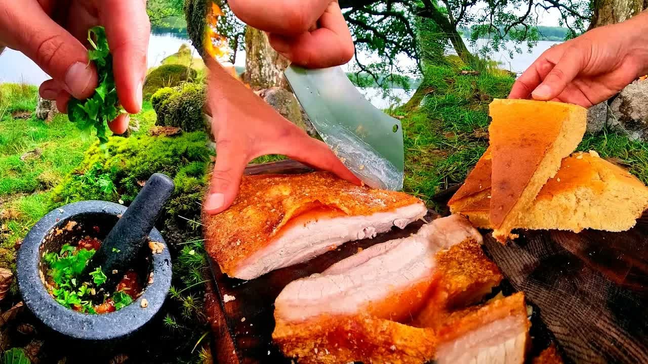 Crispy pork belly and cornbread come together in an outdoor cooking session