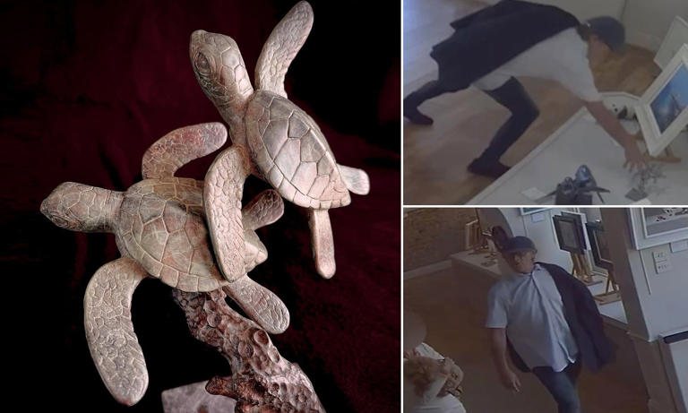 Shell-shocked! Moment 'brazen' thief steals £1,850 bronze statue of ...