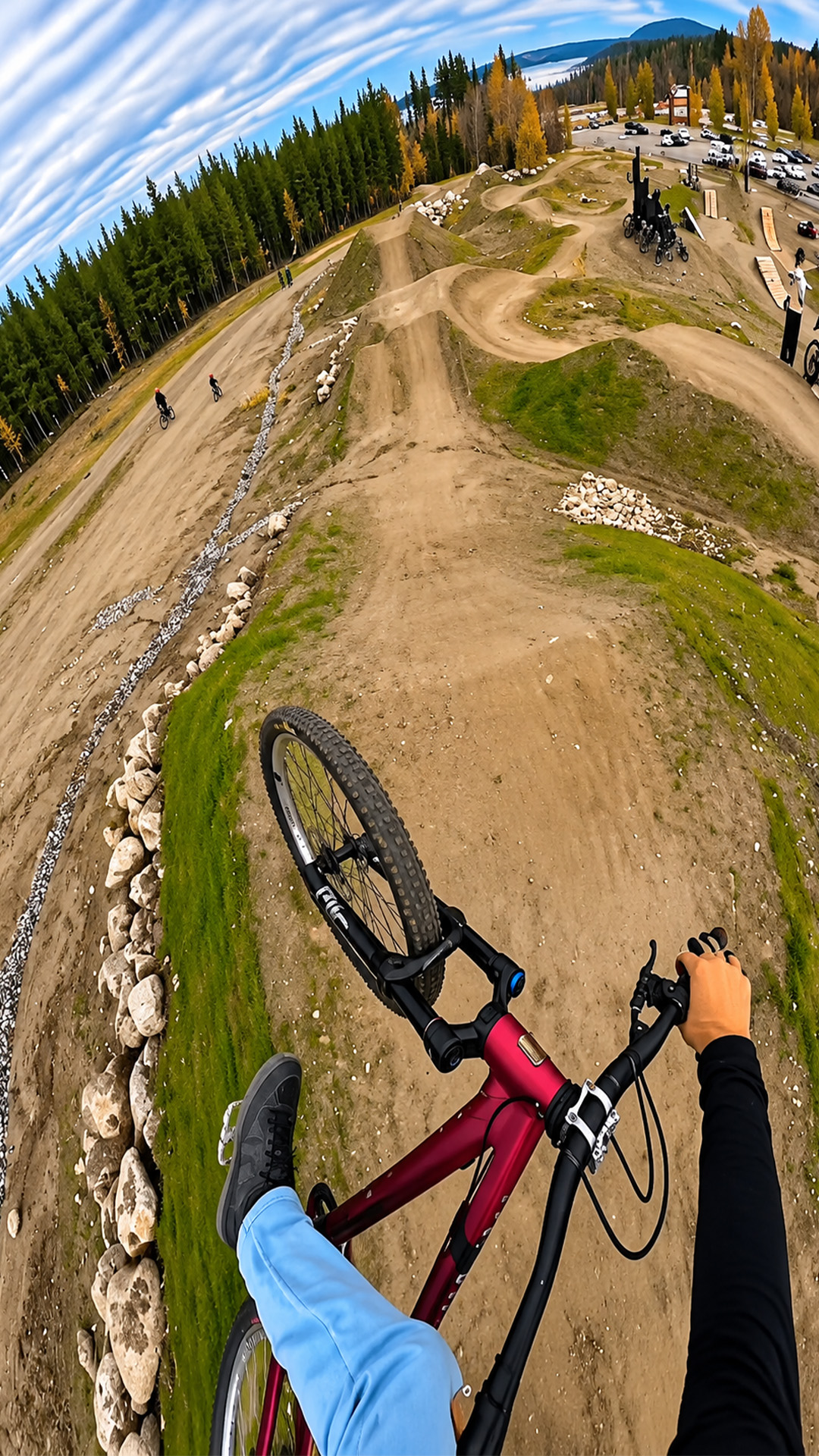 POV ride through a mountain bike jump line