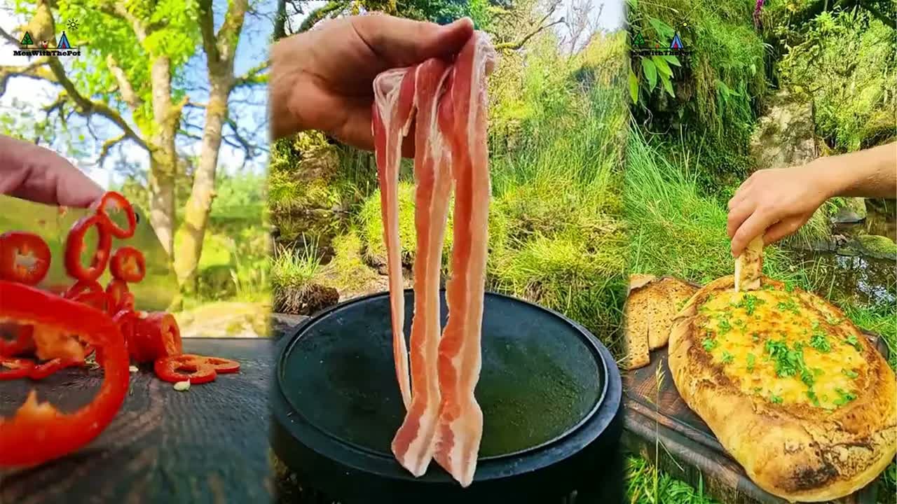 A bread boat gets a thick cheese topping over bacon and vegetables