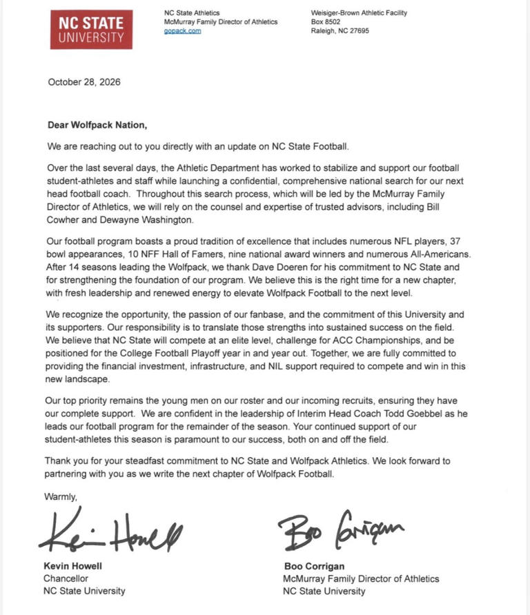 NC State outlines vision for football in letter after Dave Doeren's exit