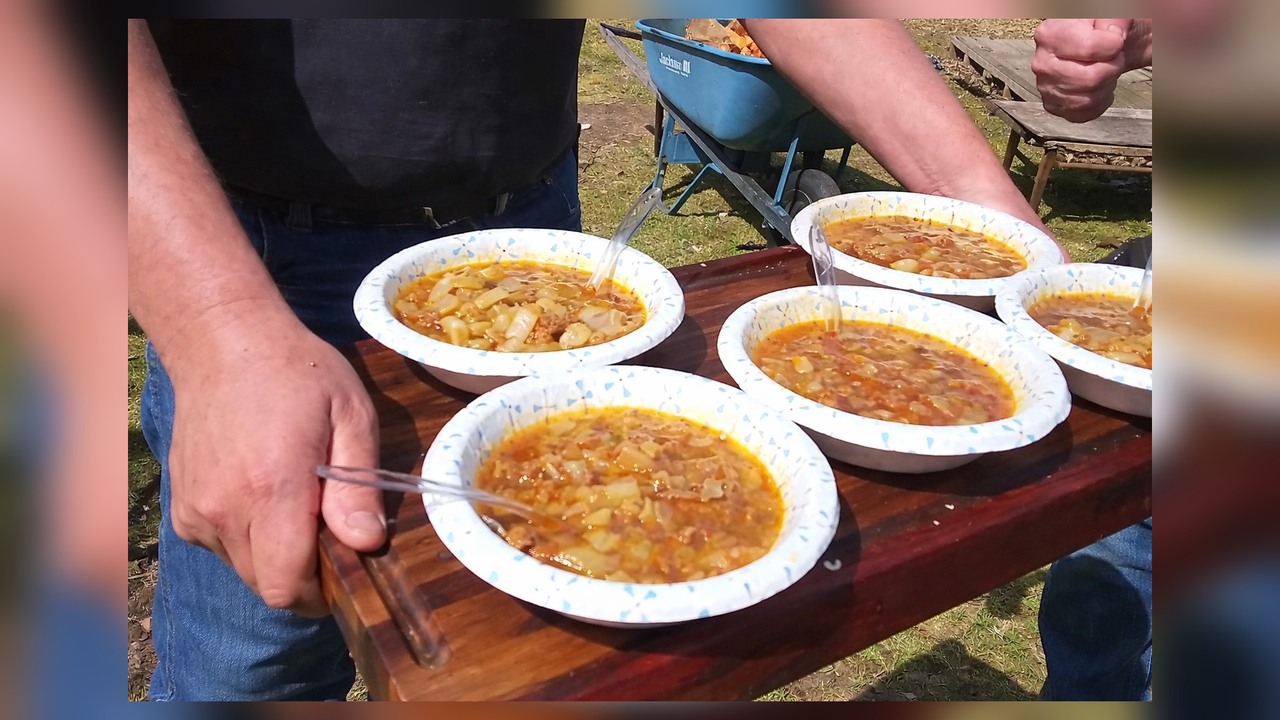 Sausage cabbage soup simmered in beef stock