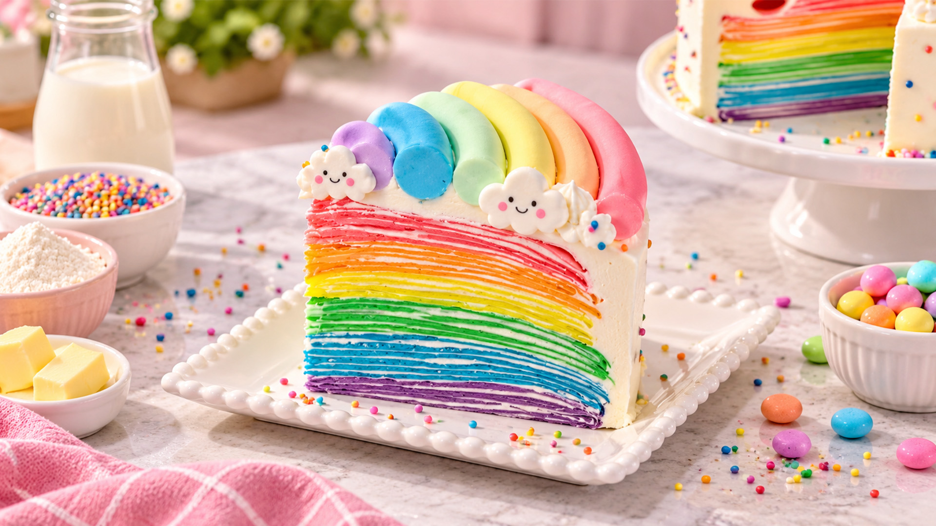 A pastel rainbow cake with beautiful crepe layers