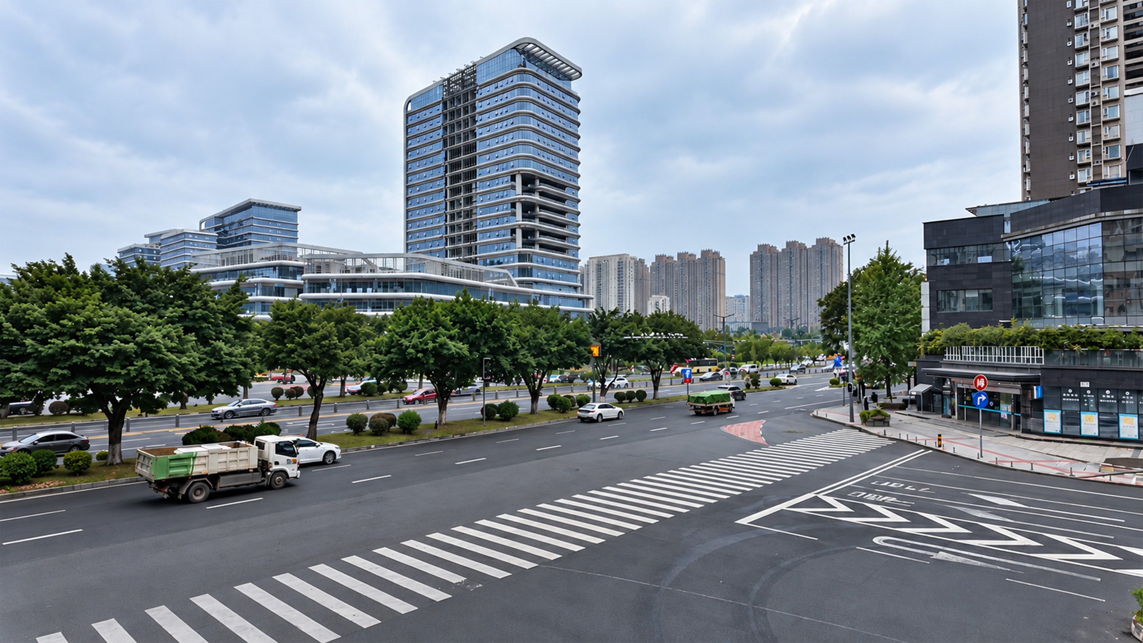 This massive Chinese neighborhood has wide roads between towering buildings
