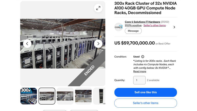 $60 million AI rack cluster spotted on eBay, featuring almost 10,000 ...
