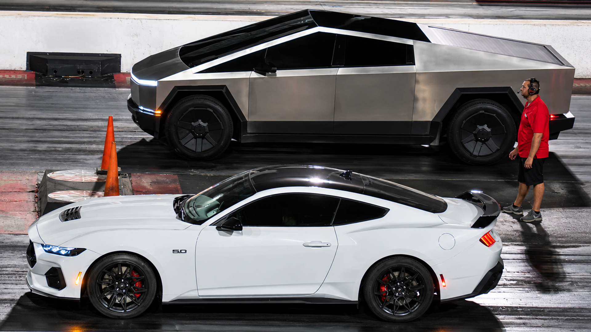 Watch a Tesla Cybertruck and Model S Plaid drag race supercharged V8s