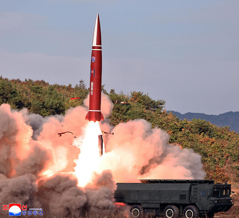 A tactical ballistic missile is launched during a test in North Korea, October 12, 2026, according to the Korean Central News Agency (KCNA), in this picture released by North Korea's official Korean Central News Agency.