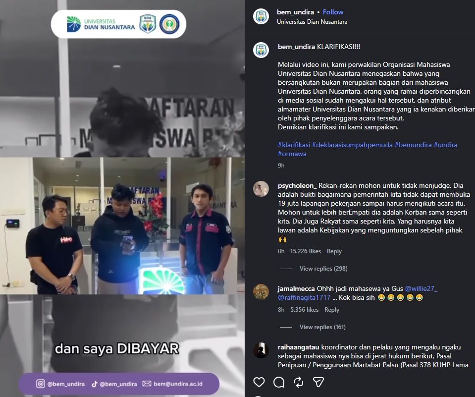 Pria yang kenakan jas almamater Undira di acara Deklarasi Sumpah Pemuda mengaku dibayar.