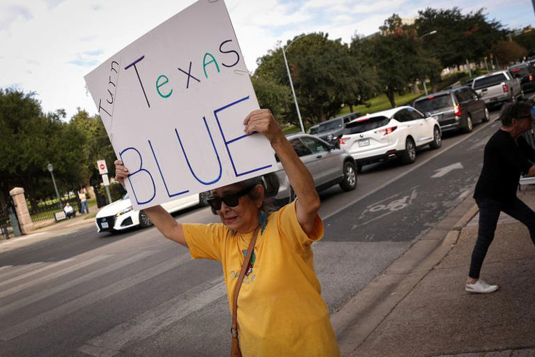 A woman holds a "turn Texas Blue" sign to passing cars across from the Texas State Capitol during early voting ahead of the November 3rd US midterm elections in Austin, Texas, US, October 27, 2026. REUTERS/Mike Segar