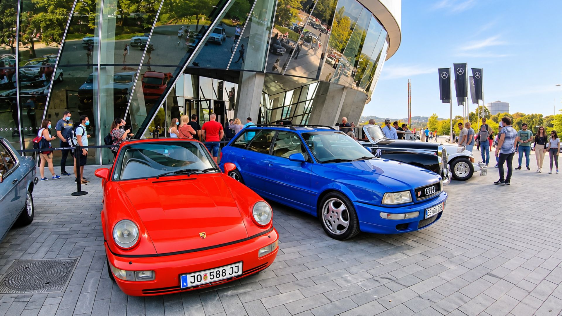 Classic Porsche and Audi cars outside Mercedes-Benz Museum (4K)