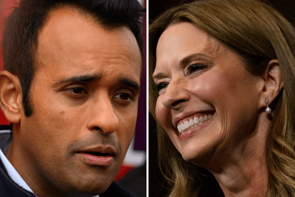 Left: Vivek Ramaswamy speaks to members of the press at The Local Bar on October 23, 2026, in Strongsville, Ohio. Right: Dr. Amy Acton speaks during a campaign rally with former U.S. President Barack Obama at Cleveland Public Auditorium on October 24, 2026, in Cleveland, Ohio.