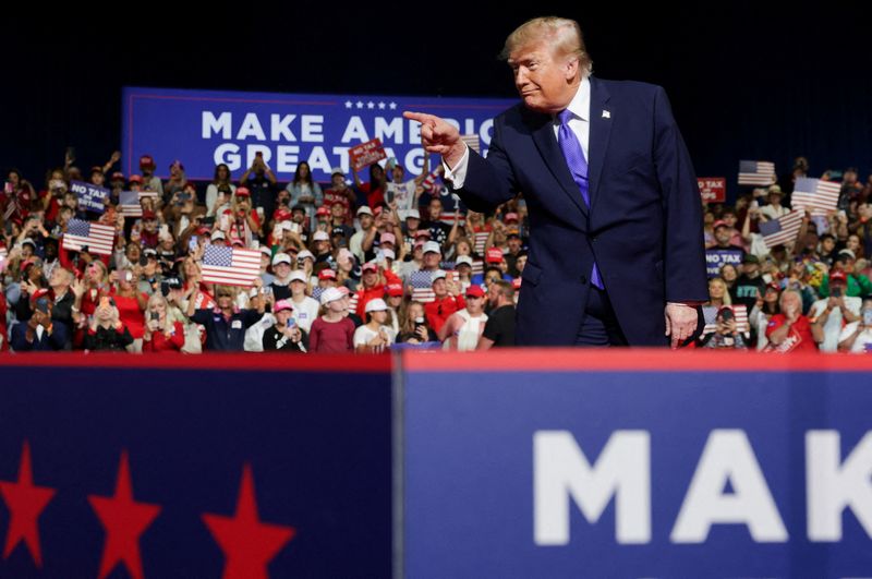 US President Donald Trump points his finger at a midterm election campaign rally for incumbent US Senator Darline Graham (R-SC) at an event center in Rock Hill, South Carolina, US, October 29, 2026. REUTERS/Jonathan Ernst   TPX IMAGES OF THE DAY