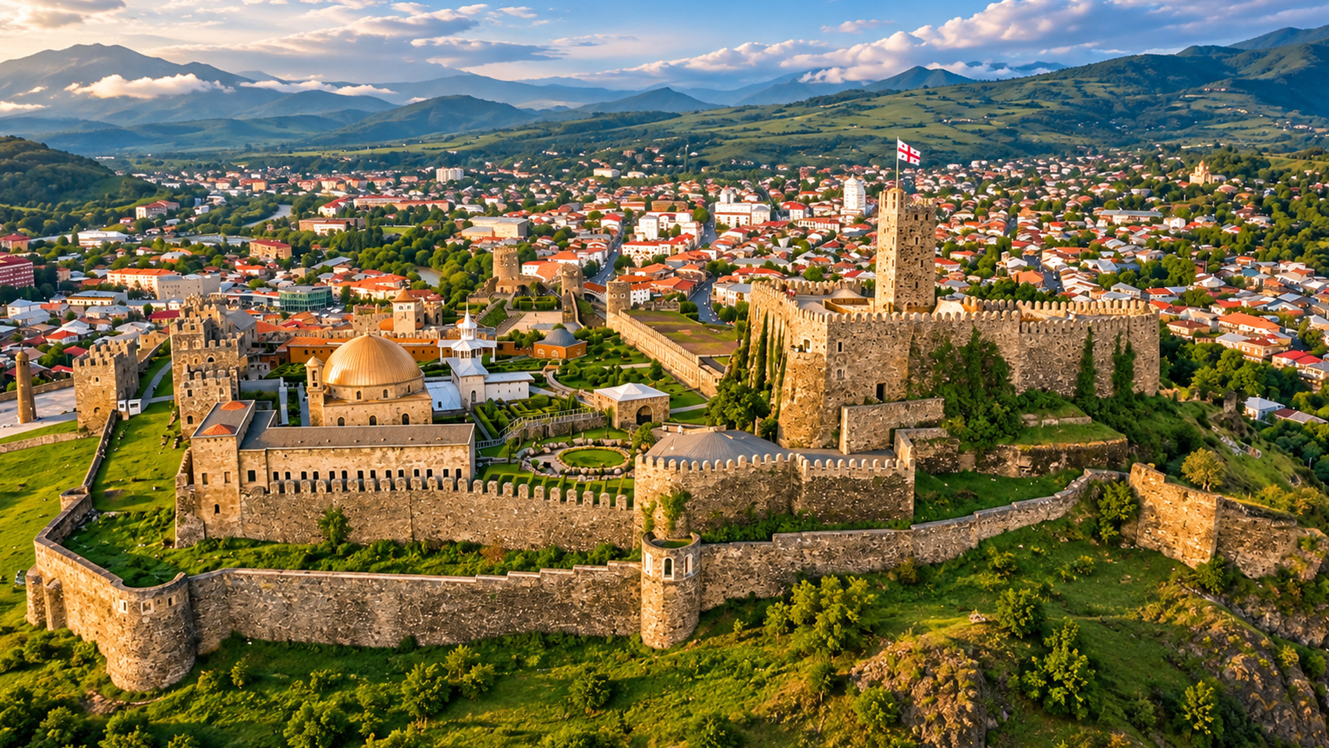A medieval fortress surrounded by houses and mountains