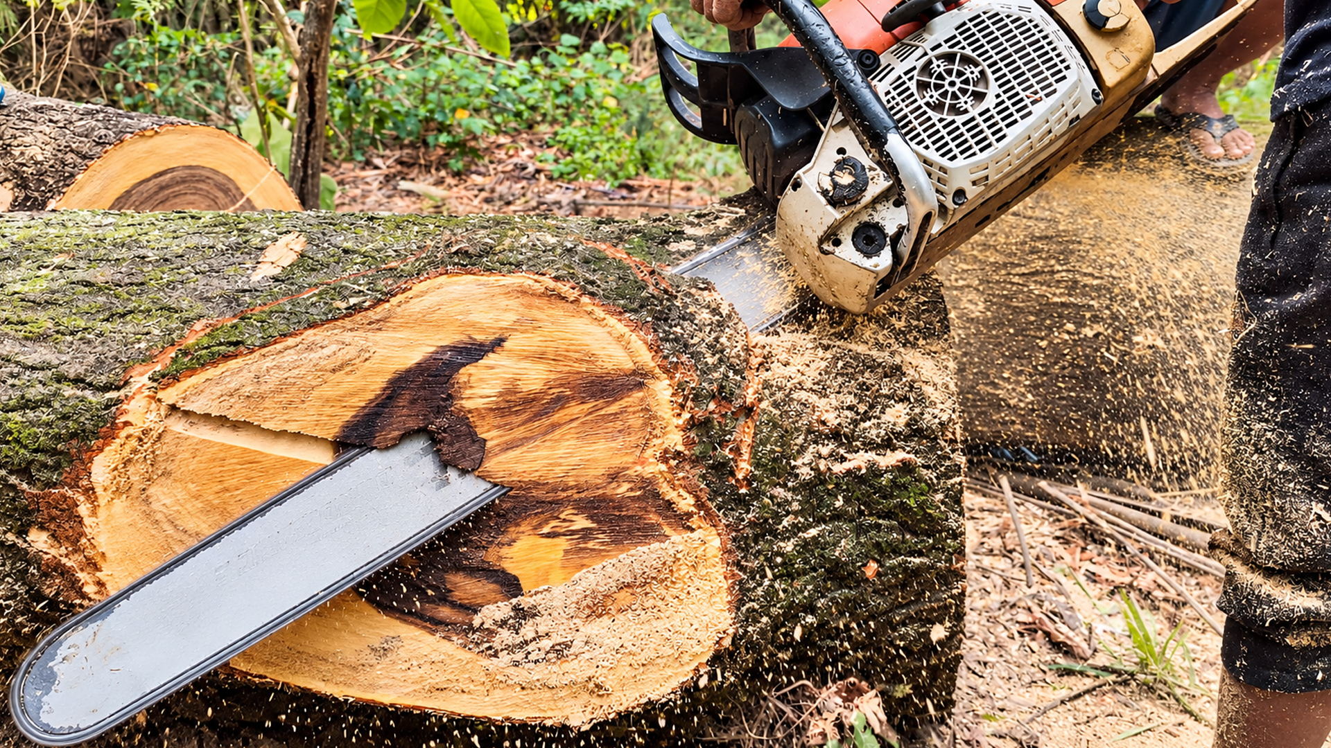 Tall forest tree is precision-felled through a narrow stand of timber