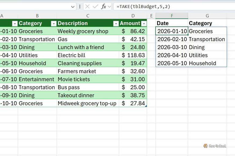 How to use the Take function in Excel