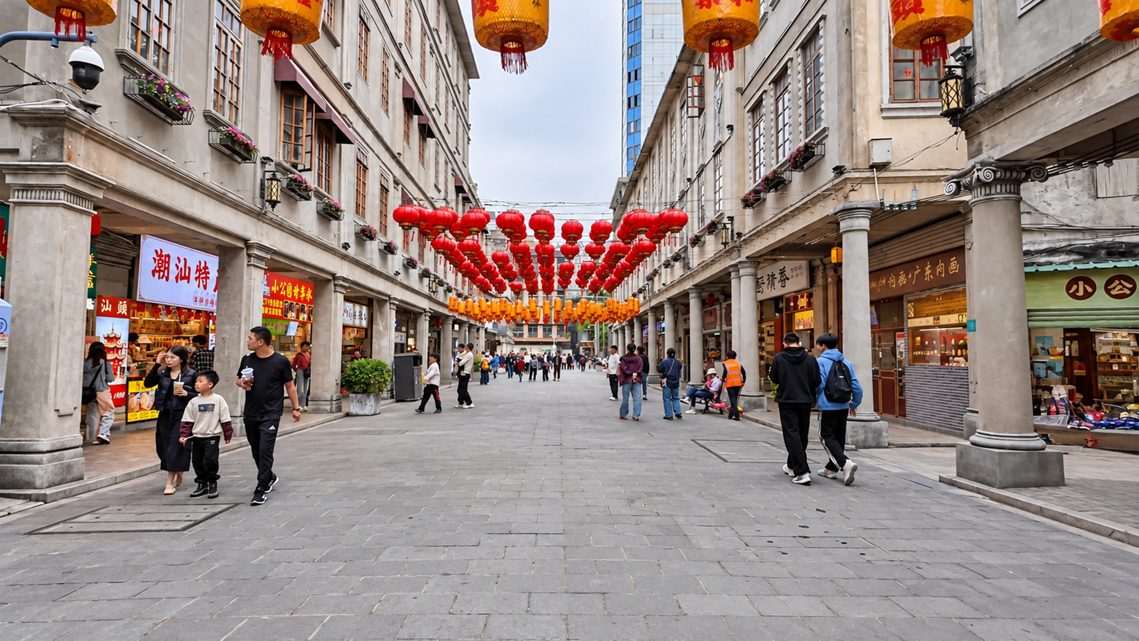 Rows of red lanterns stretch across this historic shopping street in China