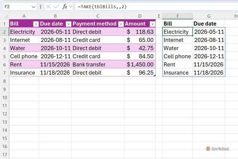 How to use the Take function in Excel