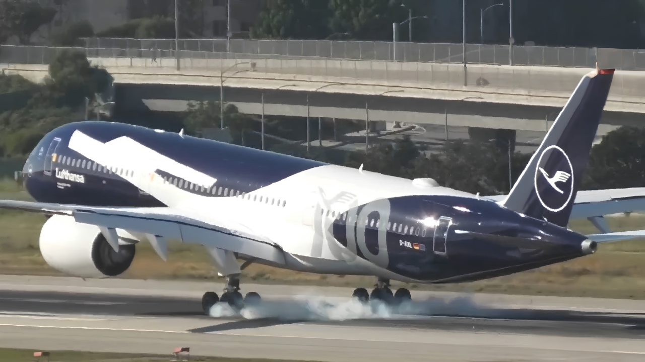Lufthansa A350 in 100th anniversary livery lands and departs LAX