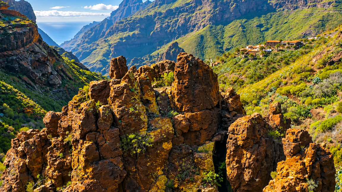 Rugged volcanic cliffs and green mountain valleys overlooking the ...