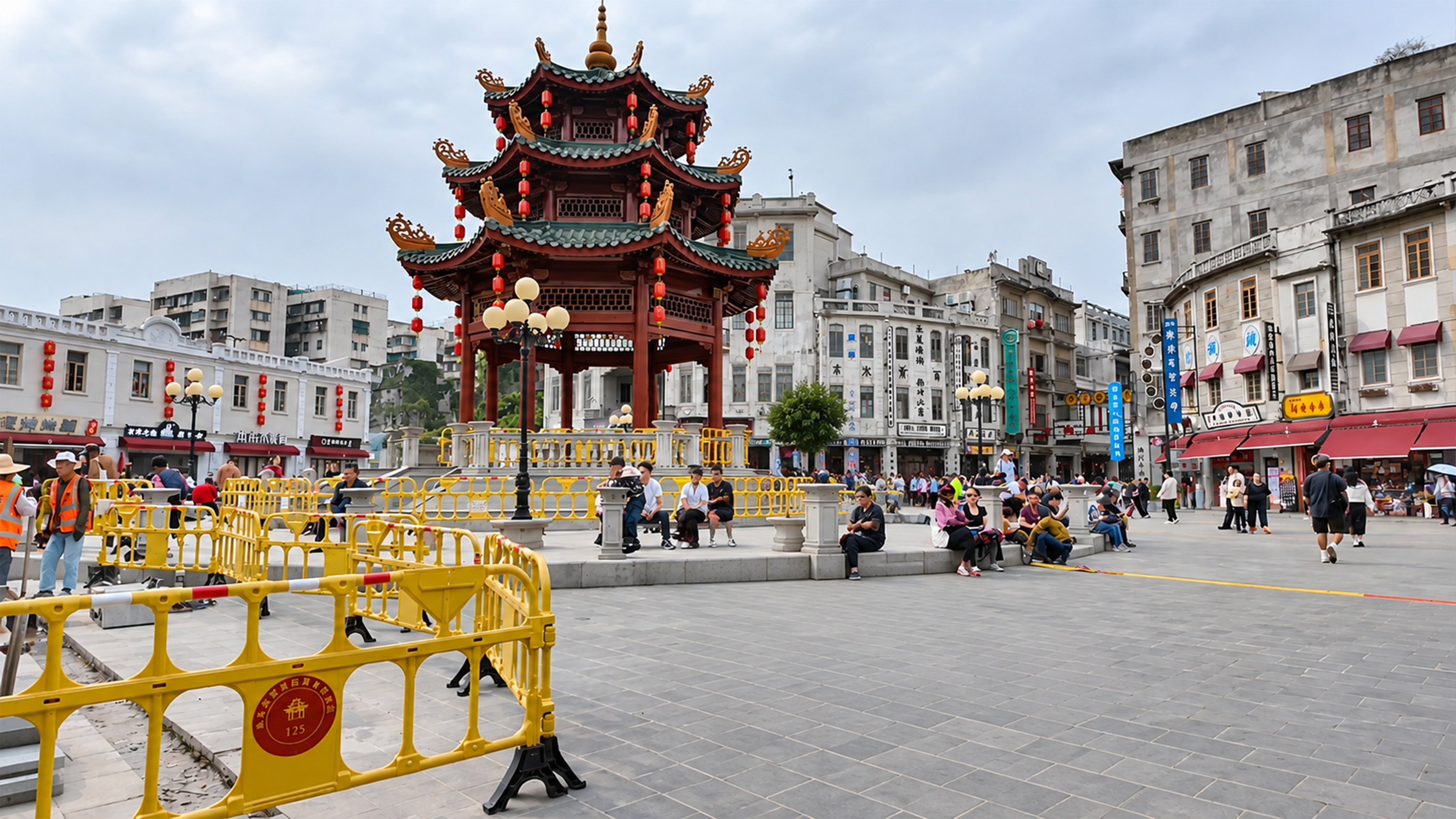 This traditional red pavilion stands in the middle of a square in China