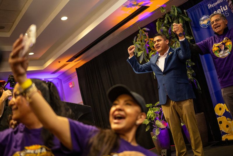 California's 22nd congressional district Democratic candidate Randy Villegas and Democratic gubernatorial candidate Xavier Becerra attend a campaign event at a hotel in Bakersfield, California, US, October 22, 2026. Federal immigration agents have fanned out across California's Central Valley in recent weeks, stirring fear in Latino communities and prompting allegations of voter intimidation in a toss-up race that could help determine control of the next US Congress. REUTERS/Carlos Barria