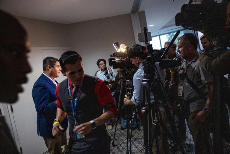 California's 22nd congressional district Democrat candidate Randy Villegas speaks with reporters before a campaign event at a hotel in Bakersfield, California, US, October 22, 2026. Federal immigration agents have fanned out across California's Central Valley in recent weeks, stirring fear in Latino communities and prompting allegations of voter intimidation in a toss-up race that could help determine control of the next US Congress. REUTERS/Carlos Barria