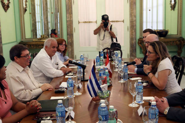 Slide 4 of 84: Pool Mandatory Credit: Photo by ALEXANDRE MENEGHINI/POOL/EPA-EFE/REX/Shutterstock (10239001b) Minister of Foreign Affairs of Canada, Chrystia Freeland (R), speaks with Minister of Foreign Affairs of Cuba, Bruno Rodríguez (L), in Havana, Cuba, 16 May 2019.The Ministers met to address the crisis in Venezuela and the consequences of the reactivation of title III of the Helms-Burton law by the United States. Chancellors of Cuba and Canada address crisis in Venezuela and Helms-Burton law, Havana - 16 May 2019