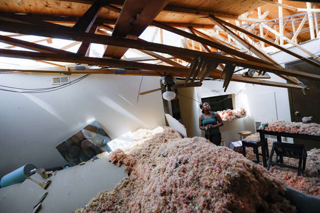 Slide 13 of 75: Erica Bohannon leads reporters through her destroyed apartment after a tornado storm system passed through the area the night before, tearing her roof off while she huddled with her son and dog in her bedroom closet, Tuesday, May 28, 2019, in Trotwood, Ohio.  (AP Photo/John Minchillo)