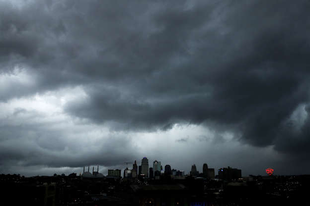 Slide 1 of 75: A severe storm that dropped several tornados earlier passes behind downtown Kansas City, Mo. Tuesday, May 28, 2019.