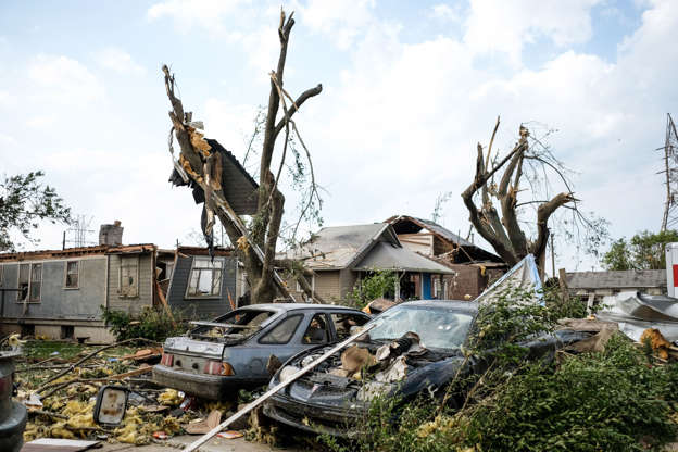 Slide 2 of 75: Mandatory Credit: Photo by Megan Jelinger/SOPA Images/REX/Shutterstock (10255776l) Aftermath of tornado in Dayton, Western Ohio Tornado hits Ohio, USA - 29 May 2019 Remains of houses and cars among debris after a tornado struck the area the night before. At least one person is dead and twelve are injured due to the storms that hit western Ohio.