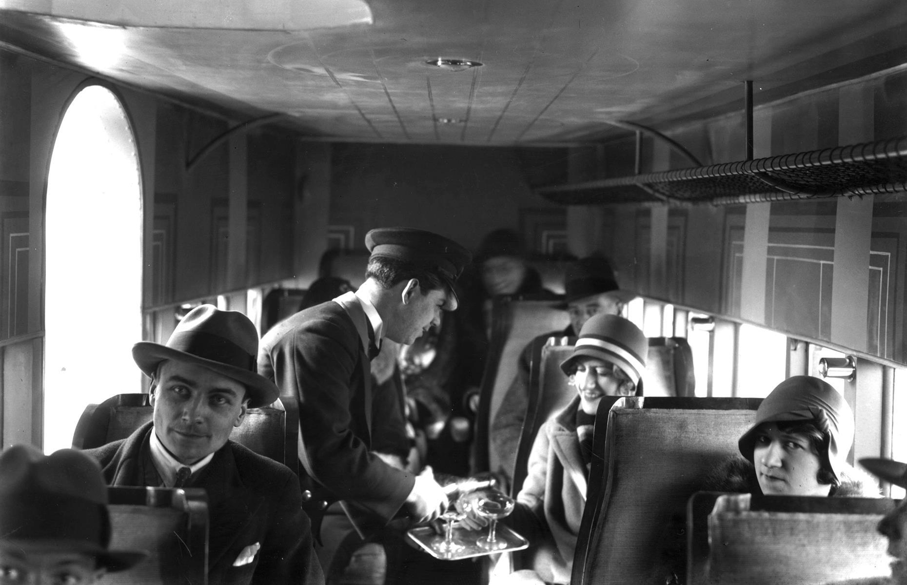 Slide 5 of 51: Life on board a 1920s aircraft was very different from that of the modern day. Flights were a lavish affair reserved only for the richest members of society. Passengers had their every need attended to and were waited on with fine food and drink. However, the ride itself wouldn't have been so comfortable. Planes traveled at a much lower altitude, so passengers were subjected to lots of noise, turbulence and long journey times.