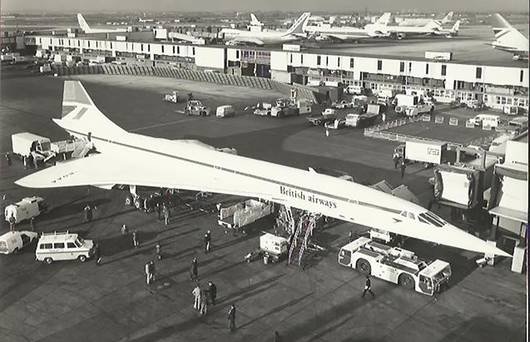 Slide 27 of 51: Though many airlines initially showed interest in Concorde, numerous orders were dropped as concerns were raised as to the aircraft's noise, environmental impact and economic potential. In the end, only Air France and BOAC would operate this aircraft. It's pictured here at London Heathrow in 1976 as it begins service with a BOAC flight from the UK to Bahrain.