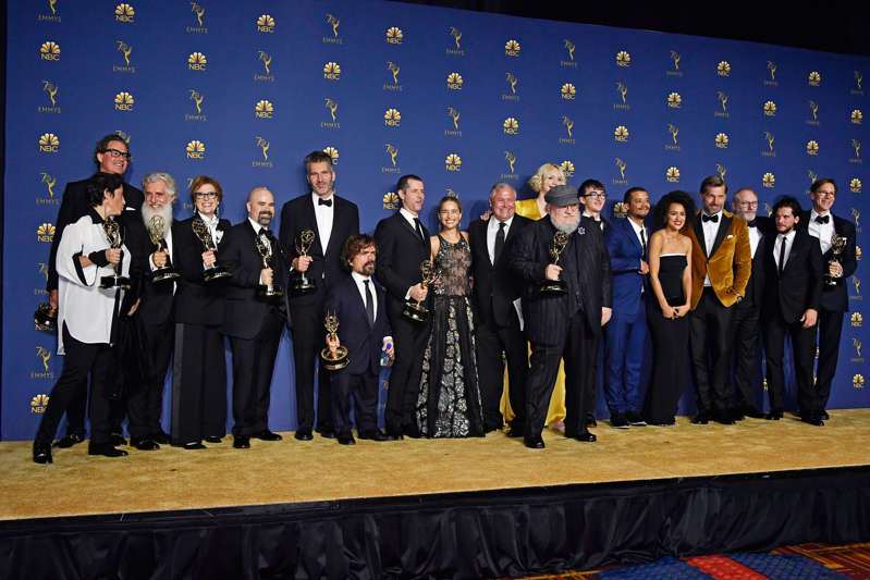Cast and crew of Outstanding Drama Series winner 'Game of Thrones' pose in the press room during the 70th Emmy Awards at Microsoft Theater on September 17, 2018