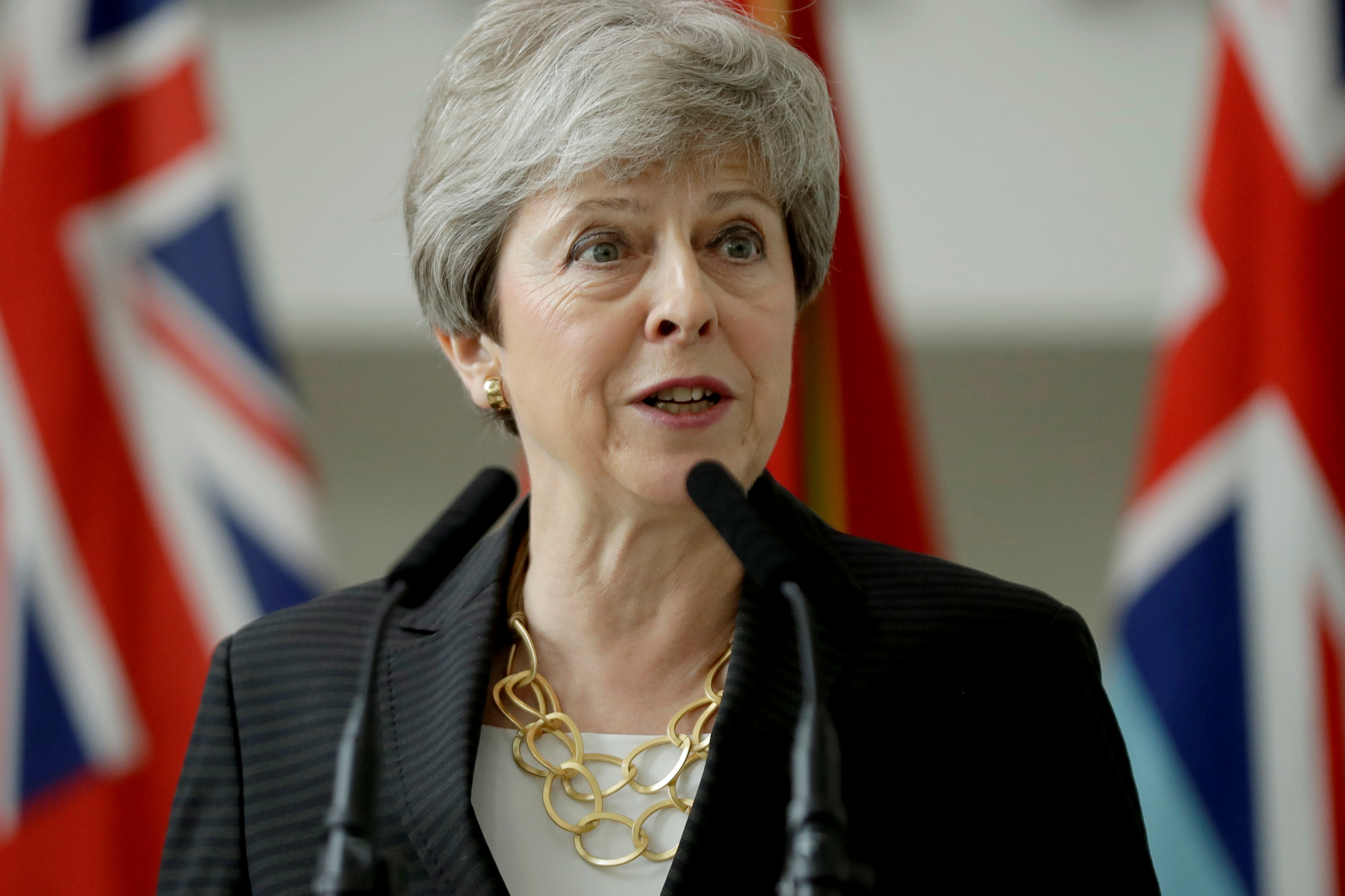 Britain's Prime Minister Theresa May delivers a speech at headquarters of Joint Forces Command in Northwood, London, Britain July 8, 2019. Matt Dunham/Pool via REUTERS