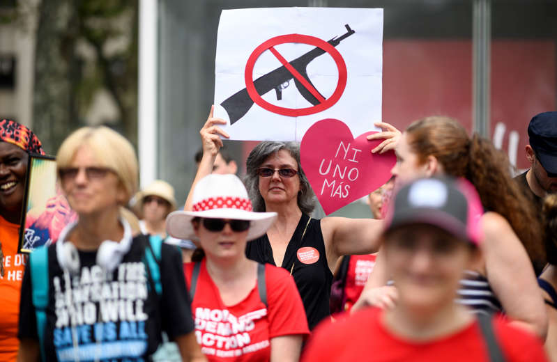 FILE: Protestors take part in a rally of Moms against gun violence and calling for Federal Background Checks on  August 18, 2019 in New York City. (Photo by Johannes EISELE / AFP)        (Photo credit should read JOHANNES EISELE/AFP/Getty Images)