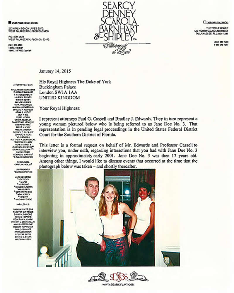 Undated handout image taken from a legal document issued by the Court of Florida of a letter from lawyers for Virginia Roberts, who claims she was made to have under-age sex with Prince Andrew, formally requested that he respond to her allegations under oath.