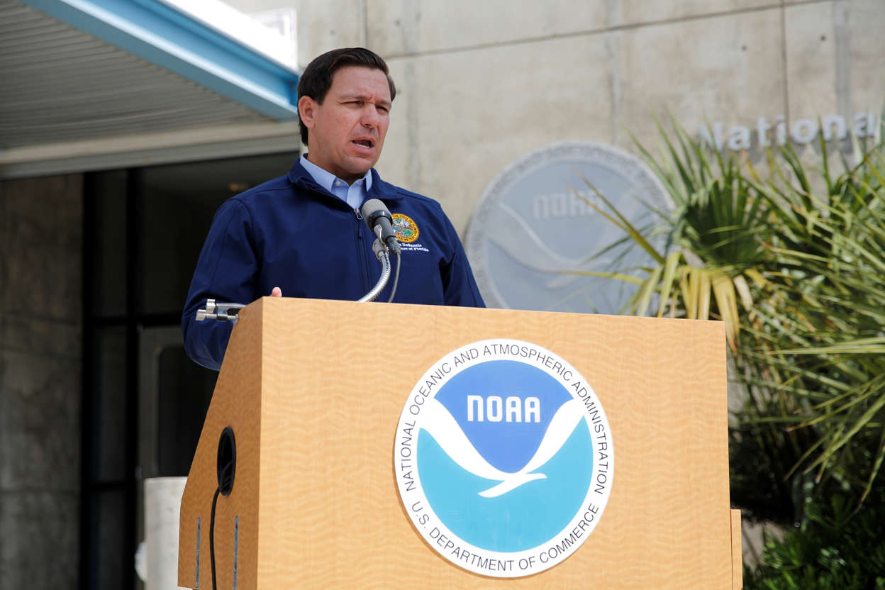 Slide 2 of 45: Florida Governor Ron DeSantis talks to the media during a news conference as Hurricane Dorian approaches the state, at the National Hurricane Center in Miami, Florida, U.S. August 29, 2019.  REUTERS/Marco Bello - RC1F30B37810