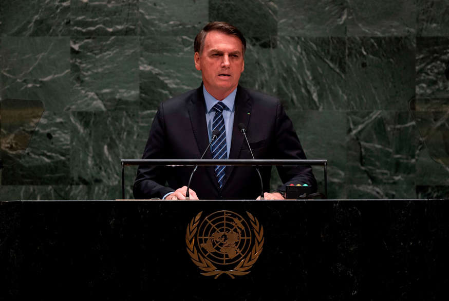 Jair Bolsonaro, President of Brazil speaks at the 74th session of the United Nations General Assembly September 24, 2019, in New York. (Photo by Johannes EISELE / AFP)        (Photo credit should read JOHANNES EISELE/AFP/Getty Images)