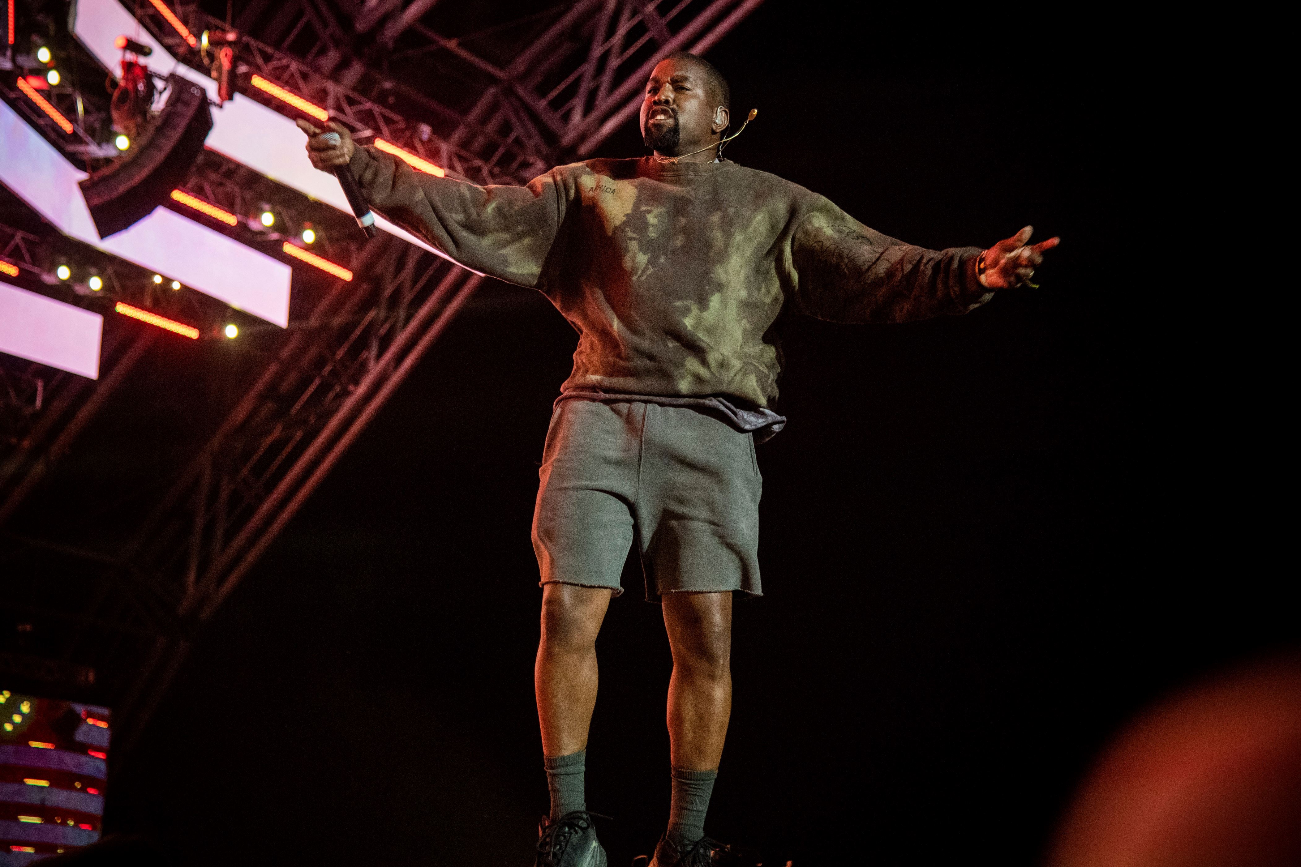 Kanye West performs with Kid Cudi at the Coachella Music & Arts Festival at the Empire Polo Club on Saturday, April 20, 2019, in Indio, Calif. (Photo by Amy Harris/Invision/AP)