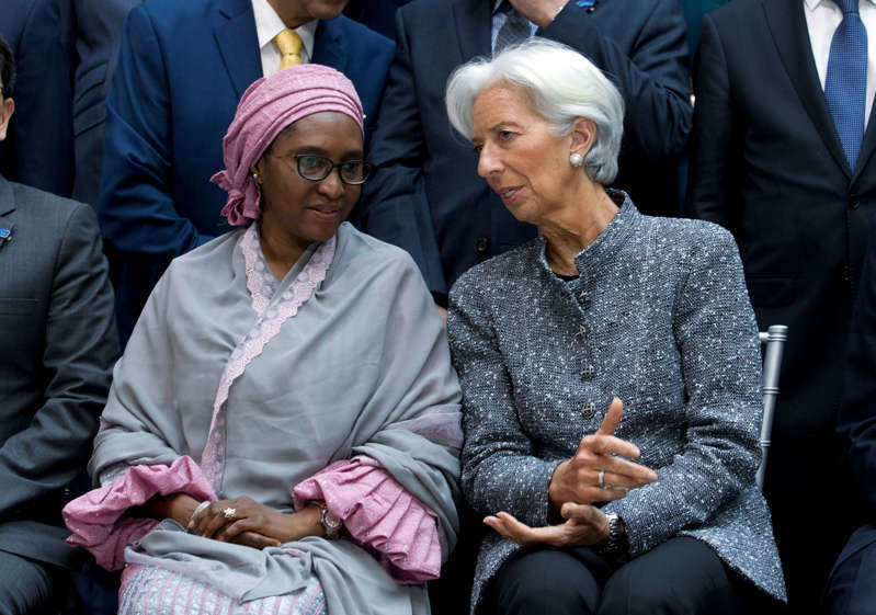 File Photo-International Monetary Fund (IMF) Managing Director Christine Lagarde speaks with Nigeria's Finance Minister Zainab Ahmed, during the International Monetary Fund IMF Governors group
