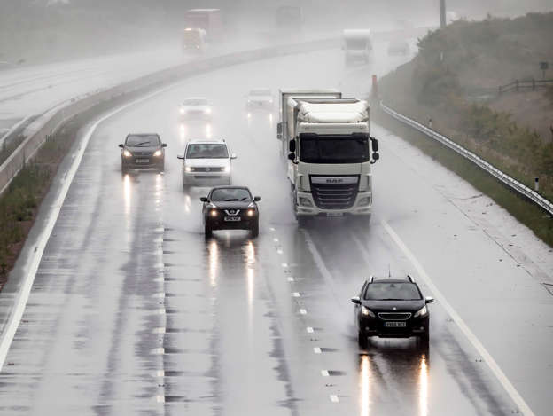 Torrential rain on the A1 near Leeming in Yorkshire on what is expected to be the hottest day of the year, as thunderstorms could bring a month's worth of rain to parts of the UK, before the hottest temperatures of the year so far bring a balmy end to June. (Photo by Danny Lawson/PA Images via Getty Images)