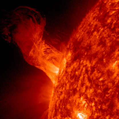 Slide 36 of 86: IN SPACE - DECEMBER 31: In this handout from NASA, a solar eruption rises above the surface of the sun December 31, 2012 in space. According to NASA the relatively minor eruption extended 160,000 miles out from the Sun and was about 20 times the diameter of Earth. (Photo by NASA/SDO via Getty Images)