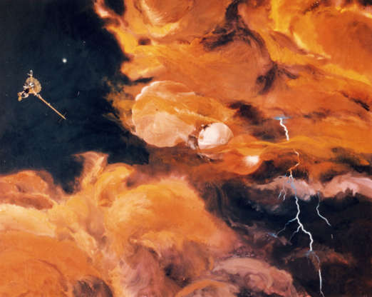 Slide 57 of 86: 7th December 1995: The released Galileo probe enters the turbulent upper atmosphere of Jupiter with its heat shield below and a parachute above. It is expected to relay around 75 minutes of information to earth, before it succumbs to the surrounding temperature and pressure. Behind it is the Galileo Orbiter, which remains above the cloud level to observe the Jupiter system from above. (Photo by MPI/Getty Images)